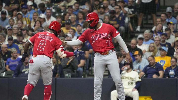 Sep 18, 2025; Milwaukee, Wisconsin, USA; Los Angeles Angels third base Luis Rengifo (2) is congratulated by outfielder Jo Adell (7) after hitting a home run against the Milwaukee Brewers in the fifth inning at American Family Field. Mandatory Credit: Michael McLoone-Imagn Images Sep 18, 2025; Milwaukee, Wisconsin, USA; Los Angeles Angels third base Luis Rengifo (2) is congratulated by outfielder Jo Adell (7) after hitting a home run against the Milwaukee Brewers in the fifth inning at American Family Field. Mandatory Credit: Michael McLoone-Imagn Images