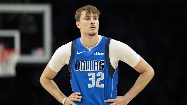 Nov 17, 2025; Minneapolis, Minnesota, USA; Dallas Mavericks forward Cooper Flagg (32) looks on against the Minnesota Timberwolves in the first half at Target Center. Mandatory Credit: Jesse Johnson-Imagn Images
