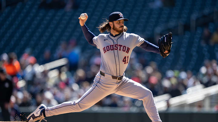 Apr 5, 2025; Minneapolis, Minnesota, USA; Houston Astros starting pitcher Spencer Arrighetti (41) delivers a pitch during the first inning against the Minnesota Twins at Target Field. 