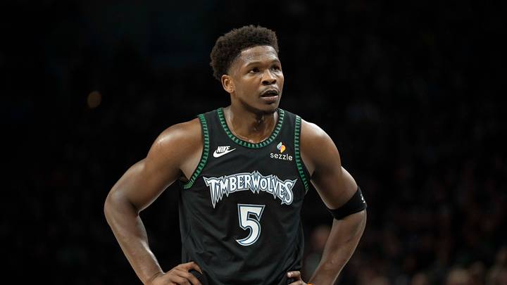 May 8, 2026; Minneapolis, Minnesota, USA; Minnesota Timberwolves guard Anthony Edwards (5) against the San Antonio Spurs in the first half during game three of the second round of the 2026 NBA Playoffs at Target Center. Mandatory Credit: Jesse Johnson-Imagn Images
