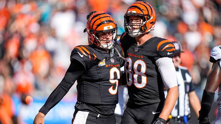 Cincinnati Bengals quarterback Joe Burrow (9) and tight end Mike Gesicki (88) celebrate a Burrow touchdown rush in the fourth quarter of the NFL Week 4 game between the Cincinnati Bengals and the Jacksonville Jaguars at Paycor Stadium in Cincinnati on Sunday, Oct. 4, 2026. The Bengals fell to 2-2 on the season with a 22-17 loss at home. Cincinnati Bengals quarterback Joe Burrow (9) and tight end Mike Gesicki (88) celebrate a Burrow touchdown rush in the fourth quarter of the NFL Week 4 game between the Cincinnati Bengals and the Jacksonville Jaguars at Paycor Stadium in Cincinnati on Sunday, Oct. 4, 2026. The Bengals fell to 2-2 on the season with a 22-17 loss at home.