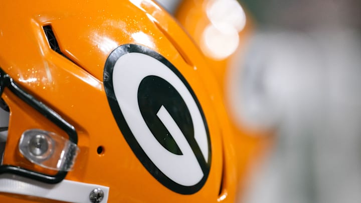 Nov 28, 2024; Green Bay, Wisconsin, USA; General view of a Green Bay Packers helmet during the game against the Miami Dolphins at Lambeau Field. Mandatory Credit: Jeff Hanisch-Imagn Images Nov 28, 2024; Green Bay, Wisconsin, USA; General view of a Green Bay Packers helmet during the game against the Miami Dolphins at Lambeau Field. Mandatory Credit: Jeff Hanisch-Imagn Images