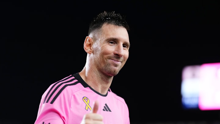 Sep 14, 2024; Fort Lauderdale, Florida, USA; Inter Miami forward Lionel Messi (10) reacts after the match against the Philadelphia Union at Chase Stadium. Mandatory Credit: Rich Storry-Imagn Images