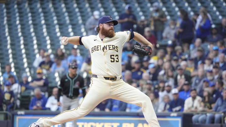Aug 25, 2025; Milwaukee, Wisconsin, USA; Milwaukee Brewers pitcher Brandon Woodruff (53) delivers a pitch abasing the Arizona Diamondbacks in the first inning at American Family Field. Mandatory Credit: Michael McLoone-Imagn Images