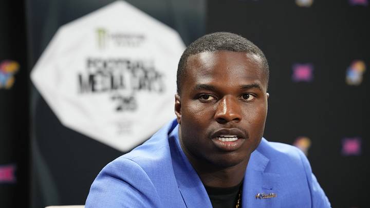 Jul 8, 2026; Frisco, TX, USA;  Kansas linebacker Trey Lathan speaks to reporters during Big 12 Conference Football Media Days at The Star. Mandatory Credit: Raymond Carlin III-Imagn Images