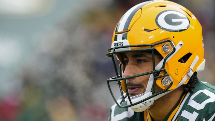 Jan 5, 2025; Green Bay, Wisconsin, USA;  Green Bay Packers quarterback Jordan Love (10) during warmups prior to the game against the Chicago Bears at Lambeau Field. Mandatory Credit: Jeff Hanisch-Imagn Images