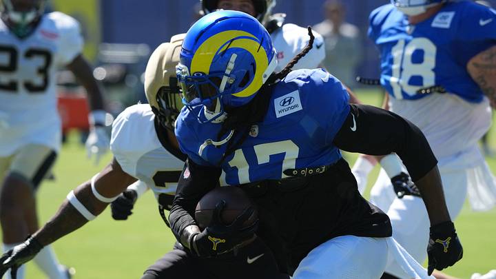 Aug 20, 2026; Woodland Hills, CA, USA; Los Angeles Rams wide receiver Davante Adams (17) carries the ball against the New Orleans Saints during a joint practice at Rams Practice Facility. Mandatory Credit: Kirby Lee-Imagn Images Aug 20, 2026; Woodland Hills, CA, USA; Los Angeles Rams wide receiver Davante Adams (17) carries the ball against the New Orleans Saints during a joint practice at Rams Practice Facility. Mandatory Credit: Kirby Lee-Imagn Images
