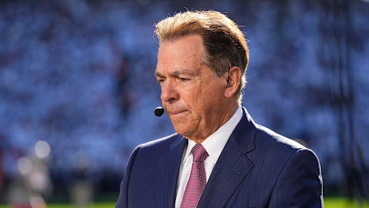 Nick Saban sits on the ESPN College Gameday set prior to the NCAA football game between the Penn State Nittany Lions and the Ohio State Buckeyes at Beaver Stadium in University Park, Pa. on Saturday, Nov. 2, 2024.