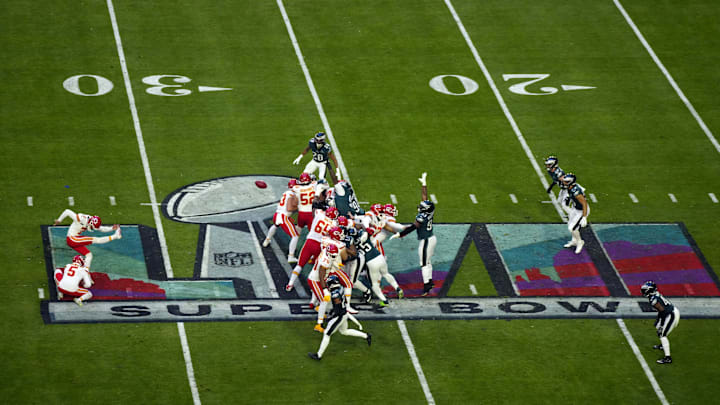 Kansas City Chiefs placekicker Harrison Butker (7) misses a field goal attempt against the Philadelphia Eagles during the first quarter in Super Bowl LVII at State Farm Stadium in Glendale on Feb. 12, 2023.
Nfl Super Bowl Lvii Kansas City Chiefs Vs Philadelphia Eagles Kansas City Chiefs placekicker Harrison Butker (7) misses a field goal attempt against the Philadelphia Eagles during the first quarter in Super Bowl LVII at State Farm Stadium in Glendale on Feb. 12, 2023.
Nfl Super Bowl Lvii Kansas City Chiefs Vs Philadelphia Eagles