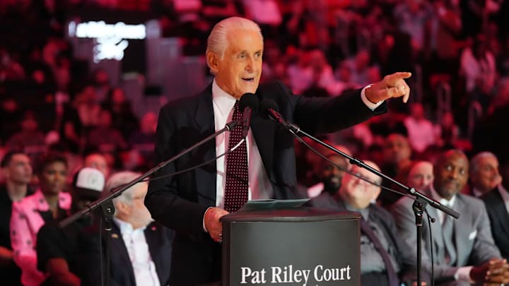 Oct 23, 2024; Miami, Florida, USA;  Miami Heat president Pat Riley addresses the crowd during the Pat Riley Court dedication ceremony at halftime at Kaseya Center. Mandatory Credit: Jim Rassol-Imagn Images