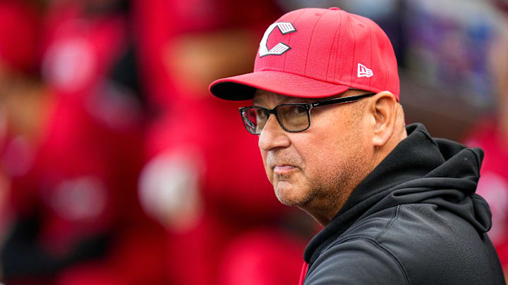 Cincinnati Reds manager Terry Francona (77) watches from the dugout before a Reds Hall of Fame induction ceremony before the game between the Cincinnati Reds and the Detroit Tigers at Great American Ball Park in downtown Cincinnati on Saturday, April 25, 2026.