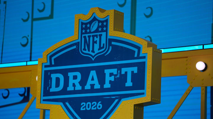 Apr 23, 2026; Pittsburgh, PA, USA;  The 2026 NFL Draft logo on the theater stage at Acrisure Stadium. Mandatory Credit: Kirby Lee-Imagn Images