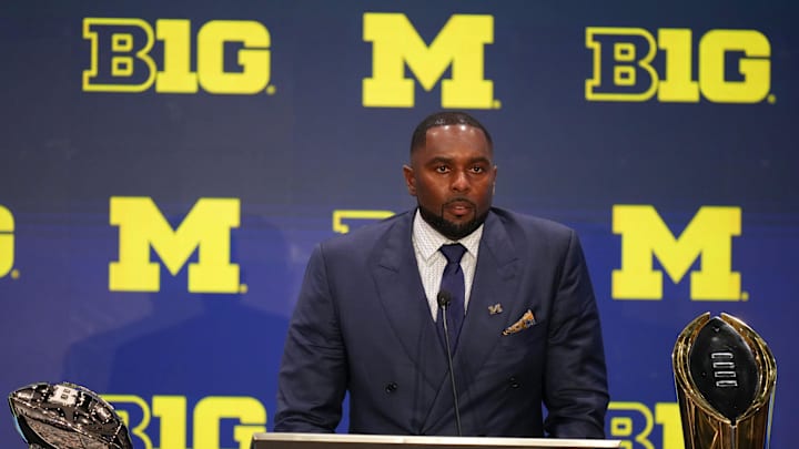 Jul 24, 2025; Las Vegas, NV, USA; Michigan head coach Sherrone Moore speaks to the media during the Big Ten NCAA college football media days at Mandalay Bay Resort. Mandatory Credit: Lucas Peltier-Imagn Images