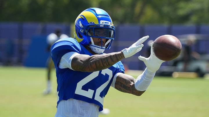 Rams cornerback Trent McDuffie (22) makes a catch against the Saints during a joint practice. Rams cornerback Trent McDuffie (22) makes a catch against the Saints during a joint practice.