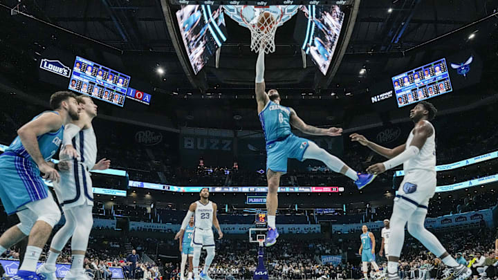 Feb 10, 2024; Charlotte, North Carolina, USA; Charlotte Hornets forward Miles Bridges (0)