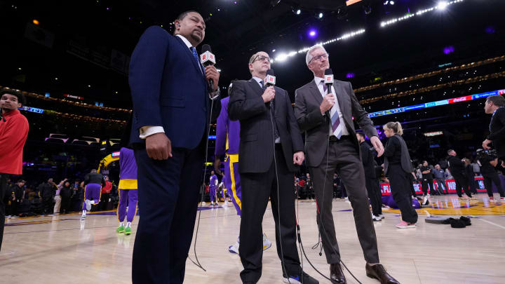 May 22, 2023; Los Angeles, California, USA; ESPN analyst Mark Jackson (left), commentator Jeff Van Gundy (center) and play-by-play announcer Mike Breen during game four of the Western Conference Finals for the 2023 NBA playoffs between the Denver Nuggets and the Los Angeles Lakers  at Crypto.com Arena. Mandatory Credit: Kirby Lee-USA TODAY Sports