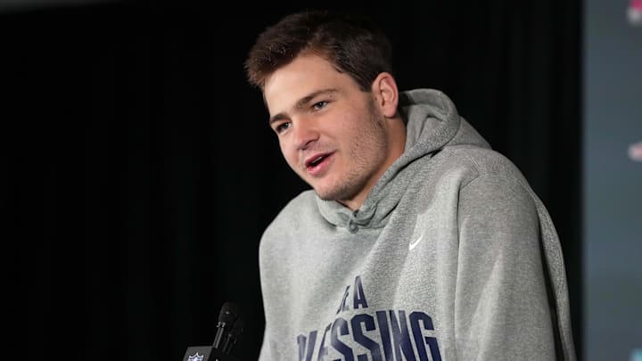 Feb 5, 2026; Santa Clara, CA, USA; New England Patriots quarterback Drake Maye (10) talks to media members at the Santa Clara Marriott.