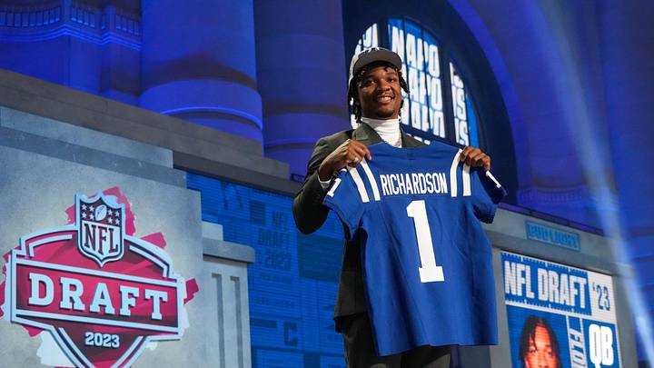 Apr 27, 2023; Kansas City, MO, USA;  Florida quarterback Anthony Richardson on stage after being selected by the Indianapolis Colts fourth overall in the first round of the 2023 NFL Draft at Union Station. Mandatory Credit: Kirby Lee-Imagn Images