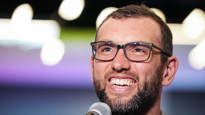 Former Colts quarterback Andrew Luck is interviewed Friday, April 12, 2024, during the Chuckstrong Tailgate Gala at the Colts Practice Facility in Indianapolis. Former Colts quarterback Andrew Luck is interviewed Friday, April 12, 2024, during the Chuckstrong Tailgate Gala at the Colts Practice Facility in Indianapolis.