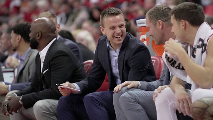 Wisconsin special assistant to the head coach Brad Davison is shown during the second half of their game Monday, November 17, 2025 at the Kohl Center in Madison, Wisconsin. Wisconsin beat Southern Illinois-Edwardsville 94-69.