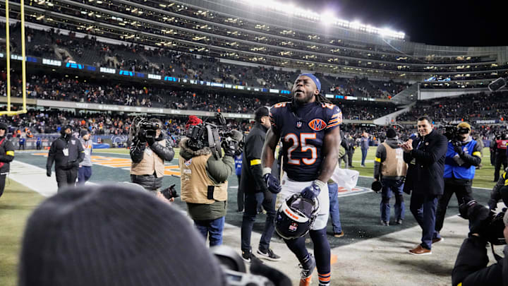 Dec 20, 2025; Chicago, Illinois, USA; Chicago Bears running back Kyle Monangai (25) runs off the field and reacts after Chicago defeated the Green Bay Packers in overtime at Soldier Field. Mandatory Credit: David Banks-Imagn Images Dec 20, 2025; Chicago, Illinois, USA; Chicago Bears running back Kyle Monangai (25) runs off the field and reacts after Chicago defeated the Green Bay Packers in overtime at Soldier Field. Mandatory Credit: David Banks-Imagn Images