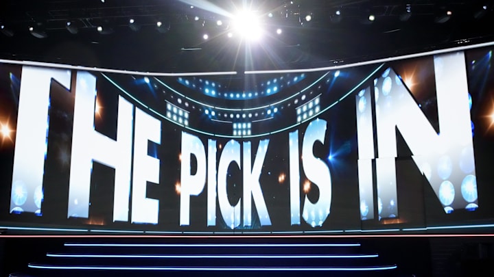 Jun 27, 2025; Los Angeles, California, USA; The video board shows the 20th overall pick for the Columbus Blue Jackets is about to be announced in the first round of the 2025 NHL Draft at Peacock Theater. Mandatory Credit: Kirby Lee-Imagn Images