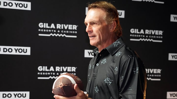 Feb 10, 2023; Chandler, AZ, USA; Doug Flutie arrives at the USA TODAY Legends Party at Gila River Resorts & Casinos. at Gila River Resorts & Casinos. Mandatory Credit: Kirby Lee-Imagn Images