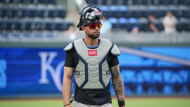 May 27, 2026; Kansas City, Missouri, USA; New York Yankees catcher J.C. Escarra (25) walks in from warming up prior to a game against the Kansas City Royals at Kauffman Stadium. Mandatory Credit: Denny Medley-Imagn Images