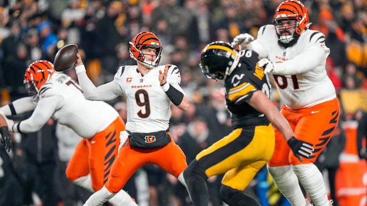 Cincinnati Bengals quarterback Joe Burrow (9) throws from the pocket in the first quarter of the NFL Week 18 game between the Pittsburgh Steelers and the Cincinnati Bengals at Acrisure Stadium in Pittsburgh on Saturday, Jan. 4, 2025.
