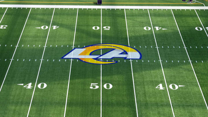 Oct 24, 2024; Inglewood, California, USA; The Los Angeles Rams logo at midfield at SoFi Stadium.