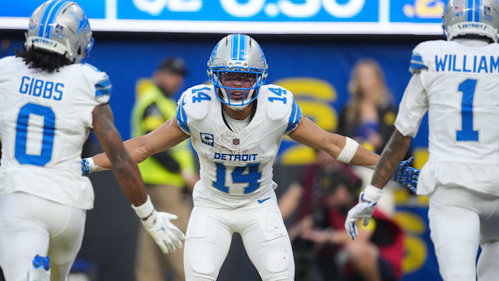 Dec 14, 2025; Inglewood, California, USA; Detroit Lions running back Jahmyr Gibbs (0), Detroit Lions wide receiver Amon-Ra St. Brown (14) and Detroit Lions wide receiver Jameson Williams (1) celebrate after a touchdown during the second quarter against the Los Angeles Rams at SoFi Stadium. Mandatory Credit: Kirby Lee-Imagn Images Dec 14, 2025; Inglewood, California, USA; Detroit Lions running back Jahmyr Gibbs (0), Detroit Lions wide receiver Amon-Ra St. Brown (14) and Detroit Lions wide receiver Jameson Williams (1) celebrate after a touchdown during the second quarter against the Los Angeles Rams at SoFi Stadium. Mandatory Credit: Kirby Lee-Imagn Images