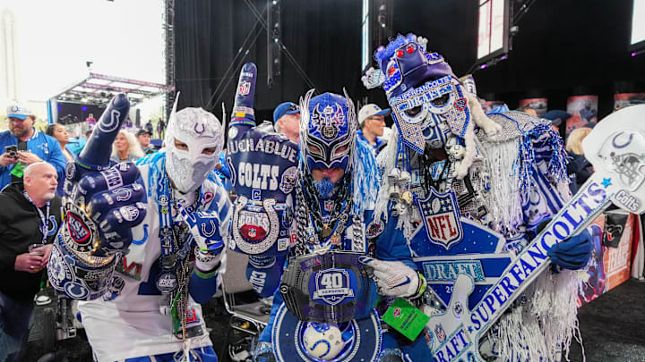 Apr 27, 2023; Kansas City, MO, USA; Indianapolis Colts fans pose for a photo before the first round