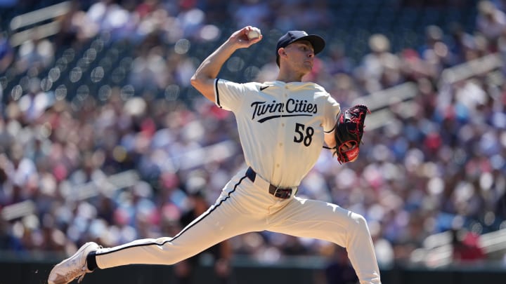 Minnesota Twins starting pitcher David Festa (58) delivers a pitch during the first inning against the Cleveland Guardians at Target Field in Minneapolis on Aug. 11, 2024. Minnesota Twins starting pitcher David Festa (58) delivers a pitch during the first inning against the Cleveland Guardians at Target Field in Minneapolis on Aug. 11, 2024.