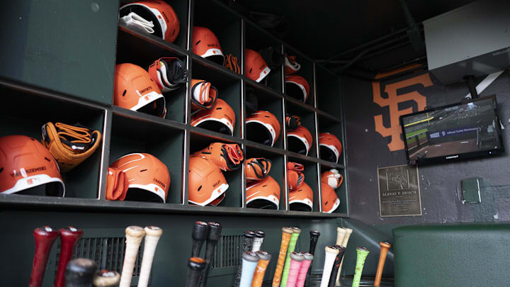 Sep 10, 2024; San Francisco, California, USA;  General view of the San Francisco Giants equipment before the start of the first inning against the Milwaukee Brewers at Oracle Park. Mandatory Credit: Stan Szeto-Imagn Images