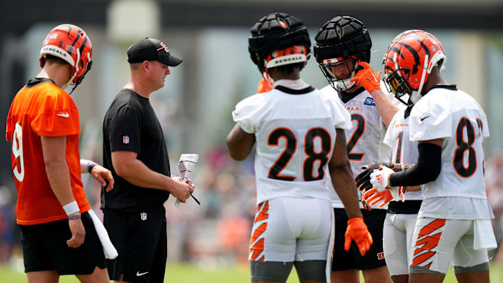 Jul 27, 2023; Cincinnati, Ohio, USA; Cincinnati Bengals head coach Zac Taylor talks with the
