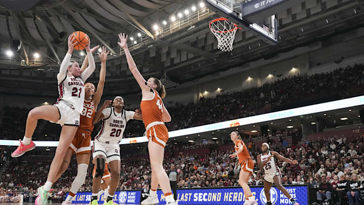 Mar 9, 2025; Greenville, SC, USA; South Carolina Gamecocks forward Chloe Kitts (21) shoots over Texas Longhorns forward Taylor Jones (44) during the second half at Bon Secours Wellness Arena. Mandatory Credit: Jim Dedmon-Imagn Images