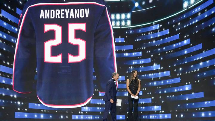 Jun 27, 2025; Los Angeles, California, USA; NHL Commissioner Gary Bettman and Meredith Gaudreau announce Pyotr Andreyanov as the 20th overall pick by the Columbus Blue Jackets in the first round of the 2025 NHL Draft at Peacock Theater. Mandatory Credit: Kirby Lee-Imagn Images
