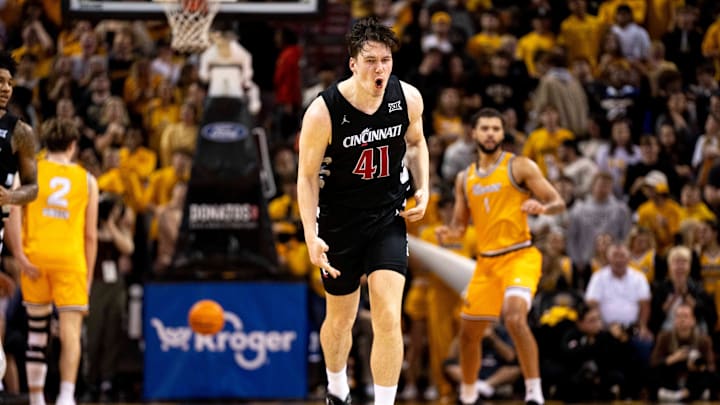 Cincinnati Bearcats guard-forward Simas Lukošius (41) reacts to hitting a 3-point basket in the second half of the NCAA basketball game at Truist Arena in Highland Heights, Ky., on Tuesday, Nov. 19, 2024. Cincinnati Bearcats guard-forward Simas Lukošius (41) reacts to hitting a 3-point basket in the second half of the NCAA basketball game at Truist Arena in Highland Heights, Ky., on Tuesday, Nov. 19, 2024.