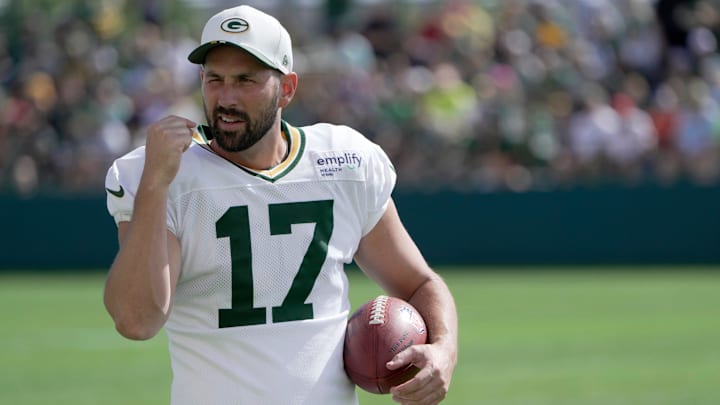 Green Bay Packers place kicker Brandon McManus (17) is shown during a joint practice with the Seattle Seahawks Thursday, August 21, 2025 in Green Bay, Wisconsin.