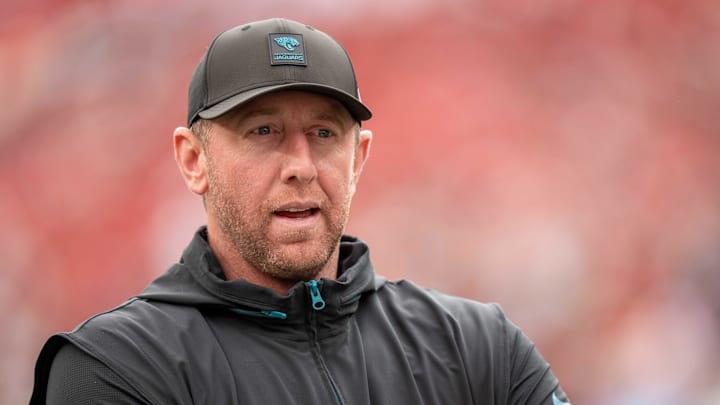 September 28, 2025; Santa Clara, California, USA; Jacksonville Jaguars head coach Liam Coen before the game against the San Francisco 49ers at Levi's Stadium. Mandatory Credit: Kyle Terada-Imagn Images September 28, 2025; Santa Clara, California, USA; Jacksonville Jaguars head coach Liam Coen before the game against the San Francisco 49ers at Levi's Stadium. Mandatory Credit: Kyle Terada-Imagn Images