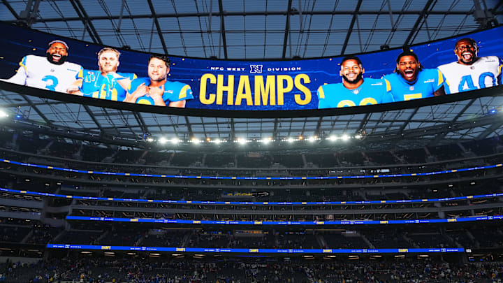 Jan 9, 2022; Inglewood, California, USA; A board congratulates the Los Angeles Rams as the NFC West Division champions after their game against the San Francisco 49ers at SoFi Stadium. Mandatory Credit: Kirby Lee-Imagn Images