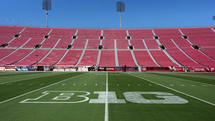 Aug 30, 2025; Los Angeles, California, USA; The Big Ten Conference logo at United Airlines Field at Los Angeles Memorial Coliseum. Mandatory Credit: Kirby Lee-Imagn Images