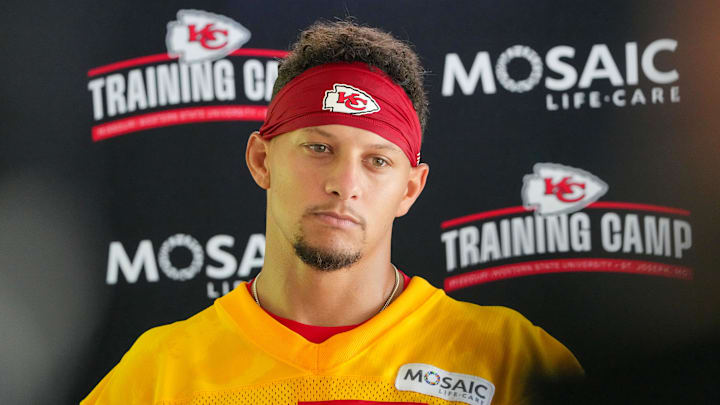Jul 22, 2025; St. Joseph, MO, USA; Kansas City Chiefs quarterback Patrick Mahomes (15) speaks to media after training camp at Missouri Western State University. Mandatory Credit: Denny Medley-Imagn Images