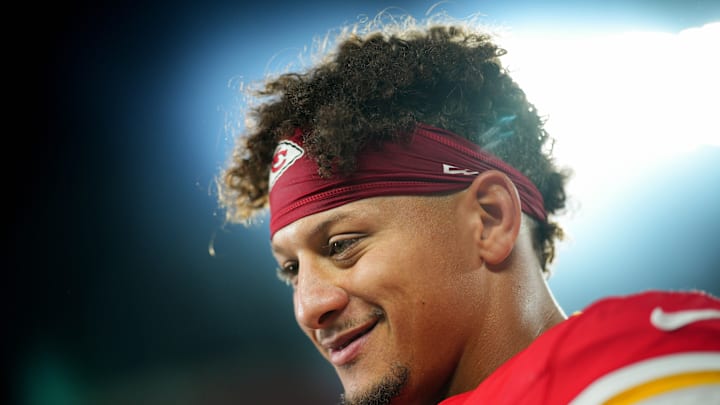 Kansas City Chiefs quarterback Patrick Mahomes (15) is interviewed after defeating the New Orleans Saints at GEHA Field at Arrowhead Stadium on Oct 7.