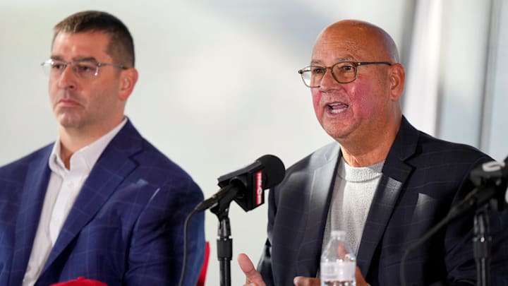 New Cincinnati Reds manager Terry Francona speaks during an event to introduce the new manager of the Cincinnati Reds at Great American Ball Park in downtown Cincinnati on Monday, Oct. 7, 2024.