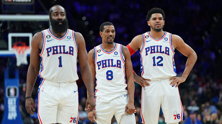 James Harden, De'anthony Melton and Tobias Harris, Philadelphia 76ers