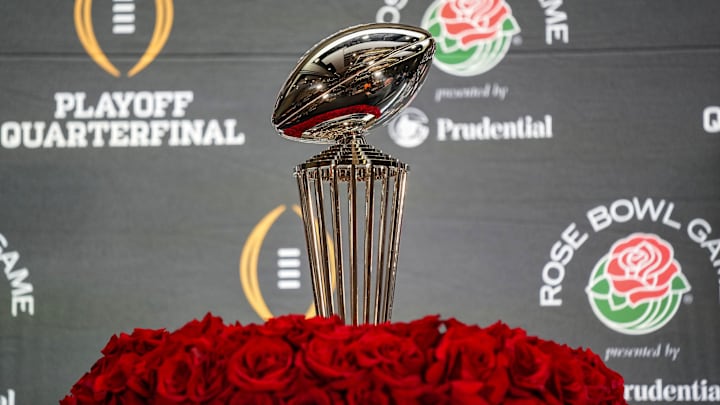 The Rose Bowl trophy is seen Wednesday, Dec. 31, 2025, during a coaches press conference ahead of the Rose Bowl at the Sheraton Grand Los Angeles.
