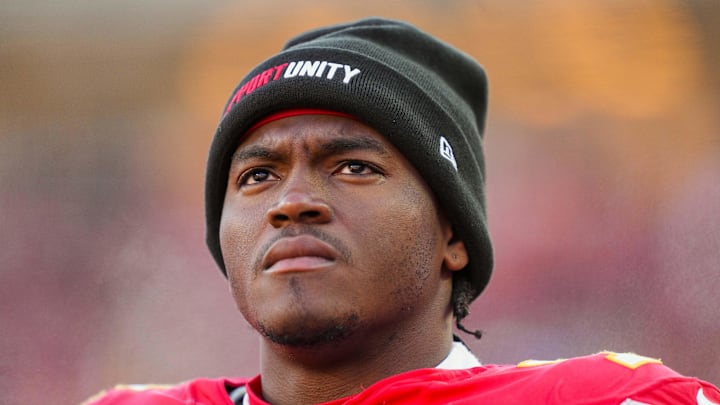 Dec 14, 2025; Kansas City, Missouri, USA; Kansas City Chiefs offensive tackle Chukwuebuka Godrick (72) reacts during the first half against the Los Angeles Chargers at GEHA Field at Arrowhead Stadium. Mandatory Credit: Jay Biggerstaff-Imagn Images Dec 14, 2025; Kansas City, Missouri, USA; Kansas City Chiefs offensive tackle Chukwuebuka Godrick (72) reacts during the first half against the Los Angeles Chargers at GEHA Field at Arrowhead Stadium. Mandatory Credit: Jay Biggerstaff-Imagn Images
