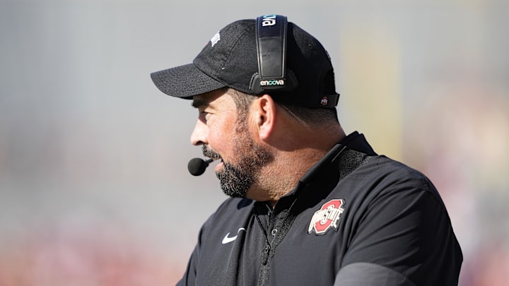 Oct 18, 2025; Madison, Wisconsin, USA; Ohio State Buckeyes head coach Ryan Day looks on in the first quarter against the Wisconsin Badgers at Camp Randall Stadium. Mandatory Credit: Jeff Hanisch-Imagn Images