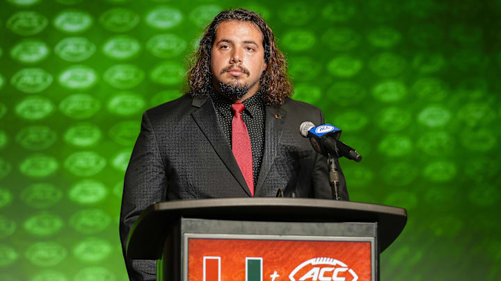 Jul 25, 2023; Charlotte, NC, USA;  Miami offensive lineman Matt Lee answers questions during ACC